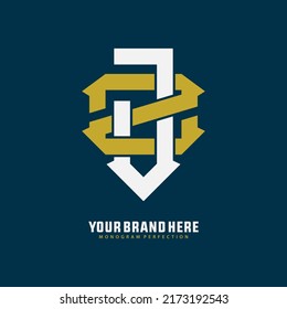 Monogram Logo, Initial letters J, Z, JZ or ZJ, Interlock, Modern, Sporty, White and Yellow Color on Navy Blue Background