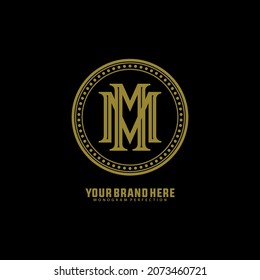 Monogram logo, Initial letters M or MM, gold color on black background