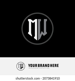 Monogram logo, Initial letters M, W, MW or WM, white and grey color on black background
