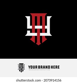 Monogram logo, Initial letters M, Y, MY or YM, white and red color on black background