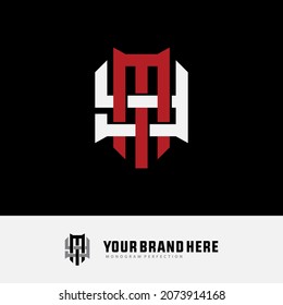 Monogram logo, Initial letters M, Y, MY or YM, white and red color on black background