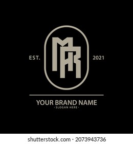 Monogram logo, Initial letters M, R, MR or RM, cream color on black background