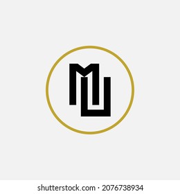 Monogramm-Logo, Anfangsbuchstaben M, U, MU oder UM, schwarz-goldene Farbe auf weißem Hintergrund