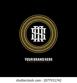 Monogram logo, Initial letters M, S, MS or SM, white and gold color on black background