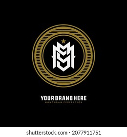 Monogram logo, Initial letters M, S, MS or SM, white and gold color on black background