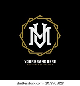 Monogram logo, Initial letters M, V, MV or VM, white and gold color on black background
