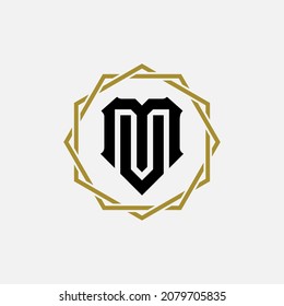 Monogram logo, Initial letters M, V, MV or VM, black and gold color on white background