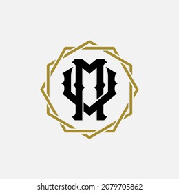 Monogram logo, Initial letters M, V, MV or VM, black and gold color on white background