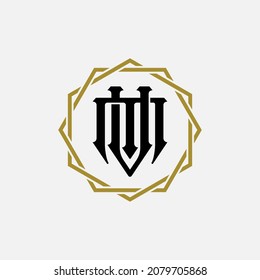 Monogram logo, Initial letters M, V, MV or VM, black and gold color on white background