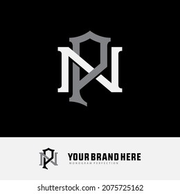 Monogram logo, Initial letters N, P, NP or PN, white and grey color on black background