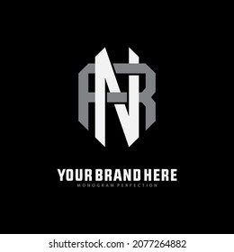 Logo del monograma, letras iniciales N, R, NR o RN, color blanco y gris sobre fondo negro