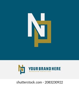 Monogram logo, Initial letters N, P, NP or PN, white and gold color on tosca background