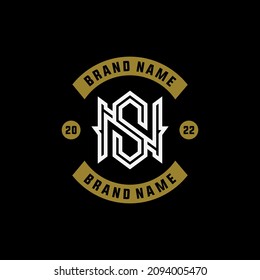 Monogram logo, Initial letters N, S, NS or SN, black, white and gold color on black background