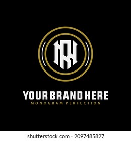 Monogram logo, Initial letters N, R, NR or RN, Modern, Sporty, White and gold color on black background