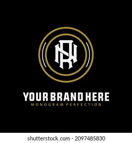 Monogram logo, Initial letters N, R, NR or RN, Modern, Sporty, White and gold color on black background