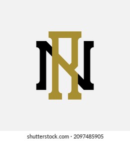 Monogram logo, Initial letters N, R, NR or RN, Modern, Sporty, black and gold color on white background