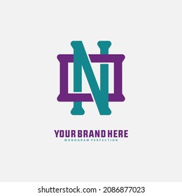 Monogram logo, Initial letters O, N, ON or NO, purple and tosca color on white background