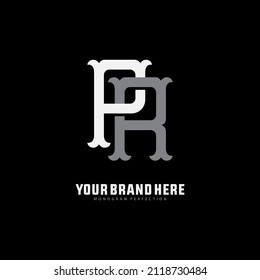 Monogram Logo, Initial letters P, R, PR or RP, Interlock, Vintage, Classic, White and Gray Color on Black Background
