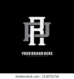 Monogram Logo, Initial letters P, R, PR or RP, Interlock, Modern, Sporty, White and Gray Color on Black Background
