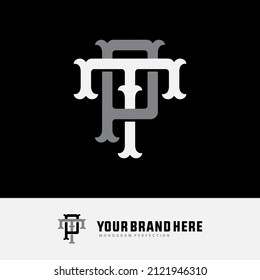Monogram Logo, Initial letters P, T, PT or TP, Interlock, Vintage, Classic, White Color on Black Background