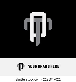Monogram Logo, Initial letters P, T, PT or TP, Interlock, Modern, Sporty, White and Gray Color on Black Background