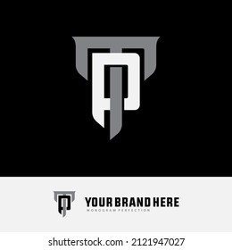 Monogram Logo, Initial letters P, T, PT or TP, Interlock, Modern, Sporty, White and Gray Color on Black Background