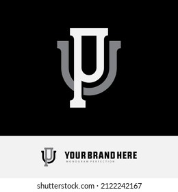 Monogram Logo, Initial letters P, U, PU or UP, Interlock, Modern, Sporty, White and Gray Color on Black Background