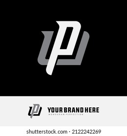 Monogram Logo, Initial letters P, U, PU or UP, Interlock, Modern, Sporty, White and Gray Color on Black Background