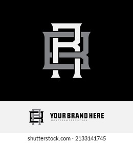 Logotipo de monograma, letras iniciales R, B, RB o BR, Interlock, Moderno, deportivo, blanco y gris sobre fondo negro