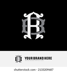 Monogram Logo, Initial letters R, B, RB or BR, Interlock, Classic, Vintage, White and Gray Color on Black Background