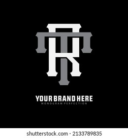 Monogram Logo, Initial letters R, T, RT or TR, Interlock, Modern, Sporty, White and Gray Color on Black Background