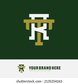 Monogram Logo, Initial letters R, T, RT or TR, Interlock, Modern, Sporty, White and Gold Color on Green Background