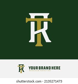 Monogram Logo, Initial letters R, T, RT or TR, Interlock, Modern, Sporty, White and Gold Color on Green Background