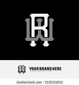 Monogram Logo, Initial letters R, W, RW or WR, Interlock, Modern, Sporty, White and Gray Color on Black Background