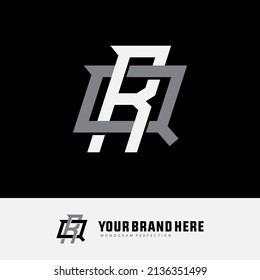 Monogram Logo, Initial letters R, Q, RQ or QR, Interlock, Modern, Sporty, White and Gray Color on Black Background