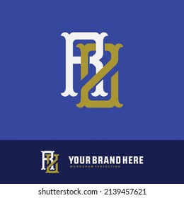 Monogram Logo, Initial letters R, Z, RZ or ZR, Interlock, Vintage, Classic, White and Gold Color on Blue Background