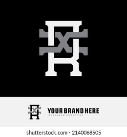 Monogram Logo, Initial letters R, X, RX or XR, Interlock, Modern, Sporty, White and Gray Color on Black Background