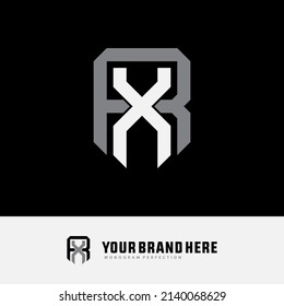 Monogram Logo, Initial letters R, X, RX or XR, Interlock, Modern, Sporty, White and Gray Color on Black Background