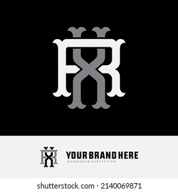 Monogram Logo, Initial letters R, X, RX or XR, Interlock, Vintage, Classic, White and Gray Color on Black Background