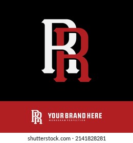 Monogram Logo, Initial letters R or RR, Interlock, Modern, Sporty, White and Red Color on Black Background