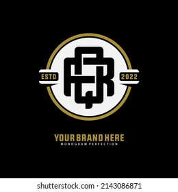 Monogram Logo, Initial letters R, Q, RQ or QR, Interlock, Modern, Sporty, Black, Gold and White Color on Black Background