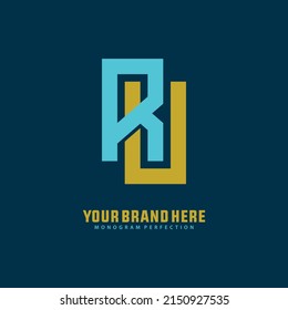 Monogram Logo, Initial letters R, U, RU or UR, Interlock, Modern, Sporty, Yellow and Tosca Color on Blue Background