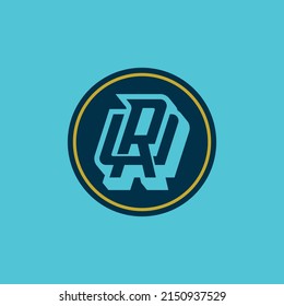 Logotipo de monograma, letras iniciales R, U, RU o UR, Interlock, Moderno, Esporto, Amarillo y Azul sobre fondo de tosca