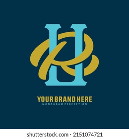 Monogram Logo, Initial letters R, U, RU or UR, Interlock, Modern, Sporty, Yellow and Tosca Color on Blue Background
