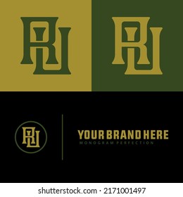 Monogram Logo, Initial letters R, U, RU or UR, Interlock, Modern, Sporty, Black, Gold And Green Color