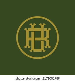 Monogram Logo, Initial letters R, U, RU or UR, Interlock, Vintage, Classic, Gold Color on Green Background