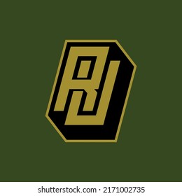 Monogram Logo, Initial letters R, U, RU or UR, Interlock, Modern, Sporty, Gold and Black Color on Green Background