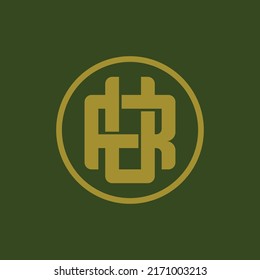 Monogram Logo, Initial letters R, U, RU or UR, Interlock, Modern, Sporty, Gold Color on Green Background