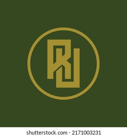 Monogram Logo, Initial letters R, U, RU or UR, Interlock, Modern, Sporty, Gold Color on Green Background