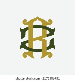 Monogram Logo, Initial letters R, Z, RZ or ZR, Interlock, Vintage, Classic, Green and Gold Color on White Background